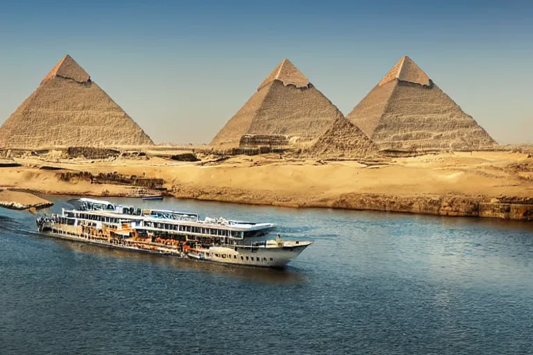 Prompt: realistic photo of the river nile, with the pyramids of giza in the background, a river flowing through the scene, cruise ship in the foreground, sunshine