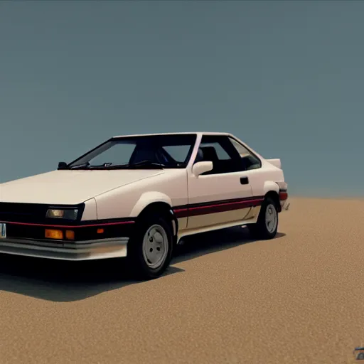 Image similar to toyota ae 8 6 trueno in sand beach, 8 k, octane render, unreal engine 5, cinematic, full hd, ultra realistic, ultra detailed, 8 k 3 d