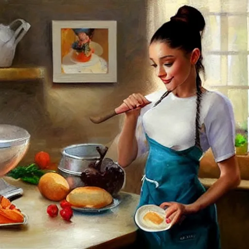 Image similar to Ariana Grande making breakfast for her husband, painting by Vladimir Volegov