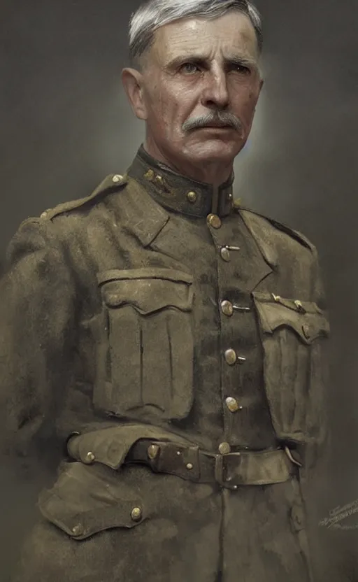 Prompt: portrait of a wwi british army general, male, detailed face, first world war, 2 0 th century, highly detailed, cinematic lighting, digital art painting by greg rutkowski
