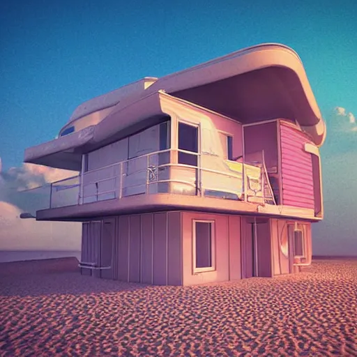 Prompt: Retro-wave house in beach