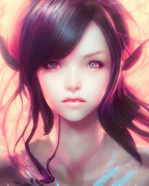 Image similar to portrait of cute girl, beautiful, fantasy, colorful, cinematic lighting, artstation, trending, highly detailed, focus, smooth, by hirohiko araki and yoshitaka amano