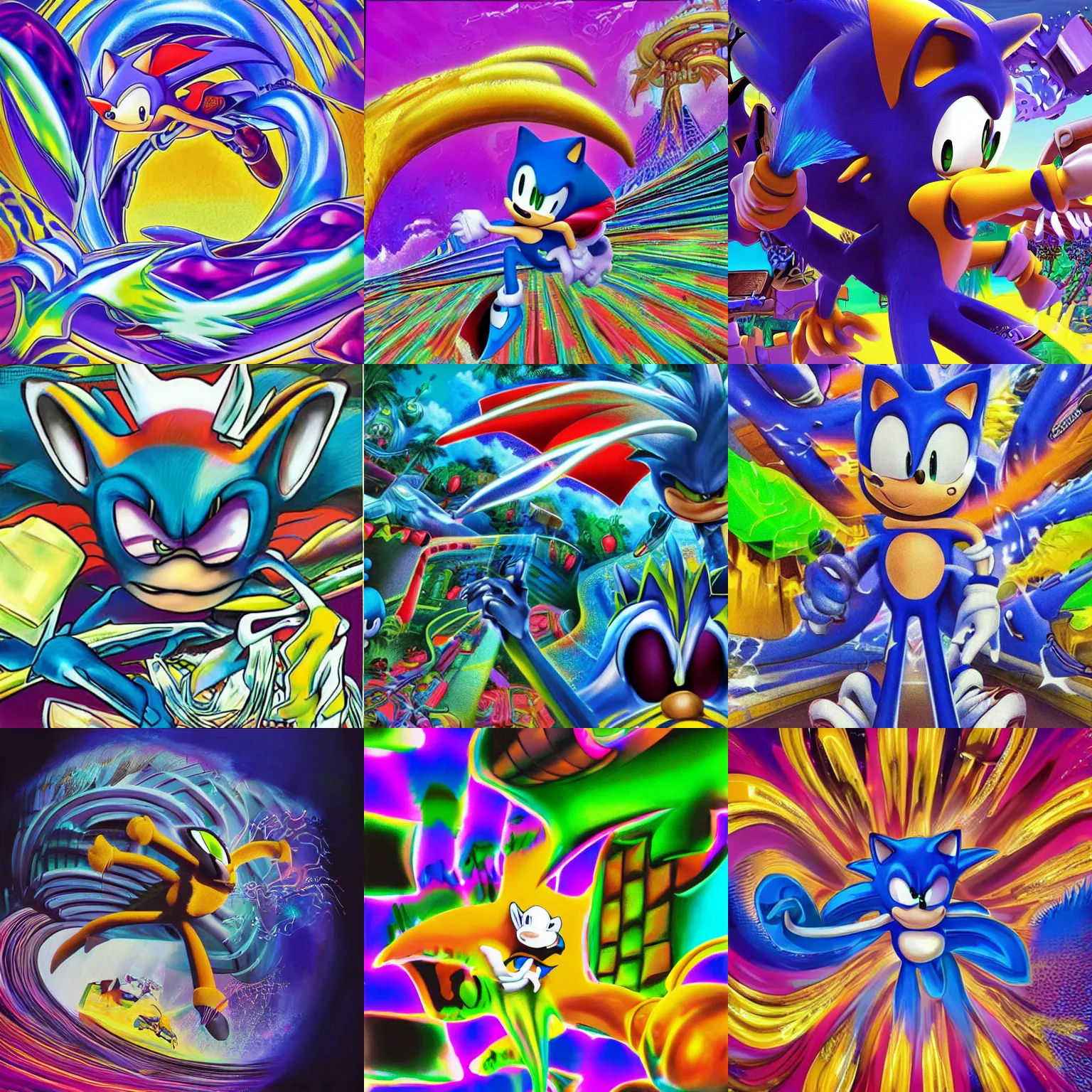 Image similar to sonic closeup of surreal, sharp, detailed professional, high quality airbrush art MGMT album cover of a liquid dissolving LSD DMT sonic the hedgehog surfing through cyberspace, purple checkerboard background, 1990s 1992 Sega Genesis video game album cover