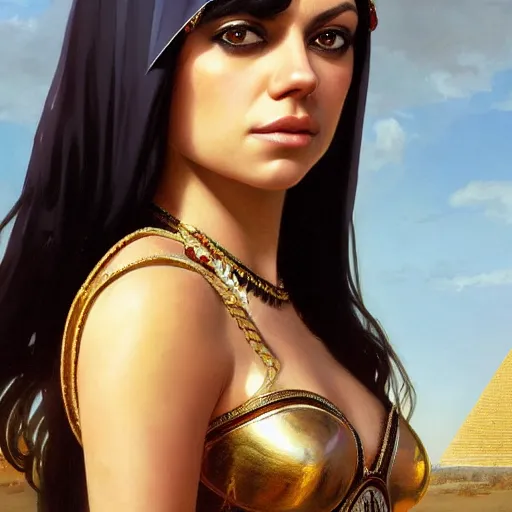 Image similar to a closeup portrait of a young mila kunis as cleopatra, gorgeous view, pyramid background, high detail, art by artgerm and greg rutkowski and alphonse mucha, digital art, trending on artstation