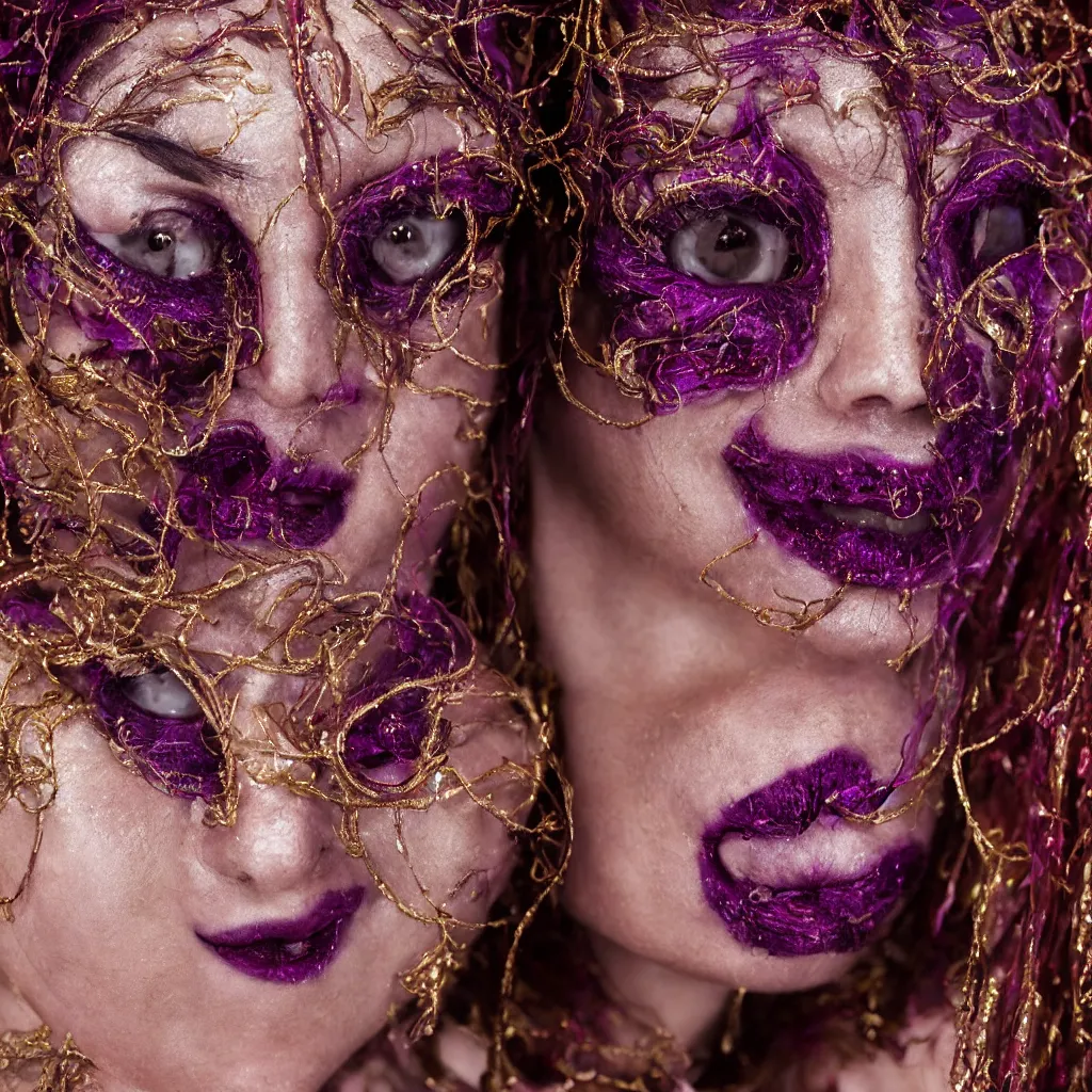 Prompt: close up portrait of a mysterious humanoid, violet silk threads, venetian masks, ruby mouth gags, fashion magazine, portrait photography, annie leibovitz, david lazar, 1 0 5 mm, in winter, 8 k hd, detailed