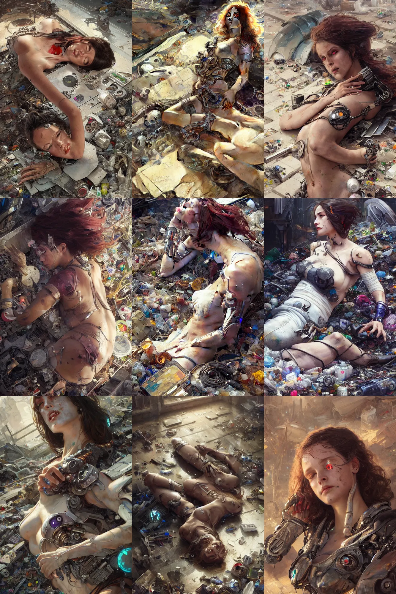 Prompt: Ultra realistic, dead cyborg woman lying among the garbage + beautiful dirty face, cyberpunk, sci-fi, fantasy, intricate, elegant, highly detailed, digital painting, artstation, concept art, smooth, sharp focus, illustration, art by artgerm and greg rutkowski and alphonse mucha