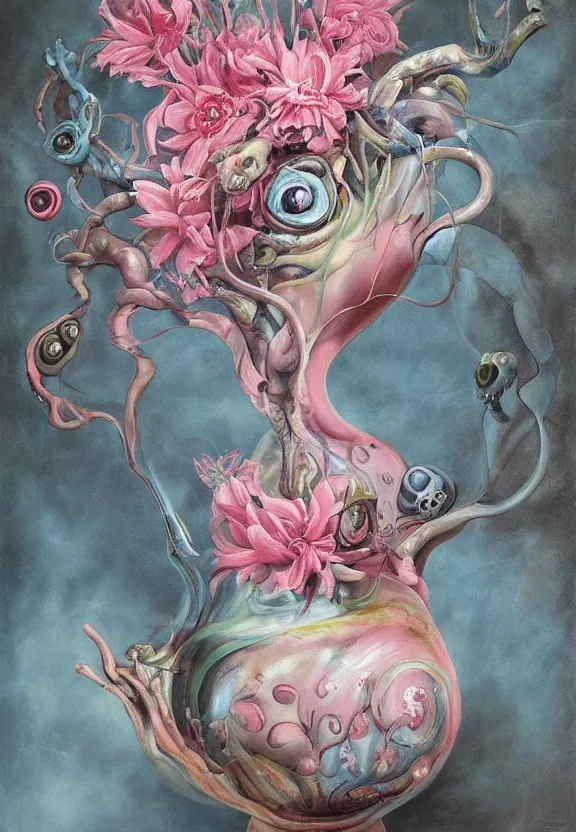 Image similar to a biomorphic painting of a vase with flowers and eyeballs in it, a surrealist painting by marco mazzoni, by dorothea tanning, pastel blues and pinks, lips, melting, plastic, skull, featured on artstation, metaphysical painting, oil on canvas, fluid acrylic pour art, airbrush art, seapunk, rococo, lovecraftian