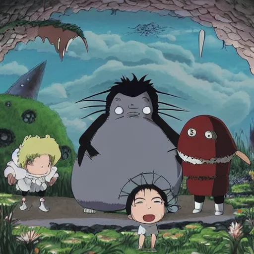 Image similar to tim burton vs studio ghibli fight in an art off