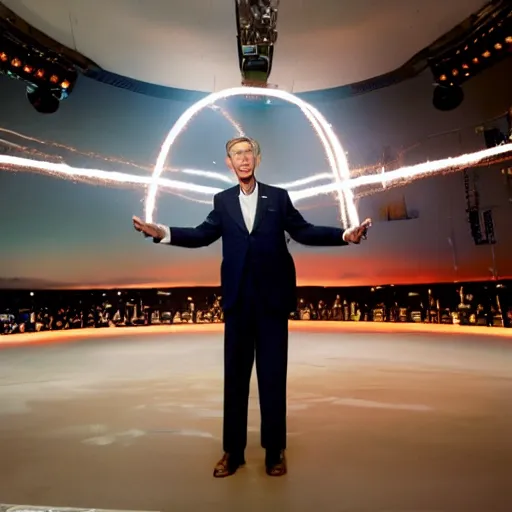 Image similar to wide shot. bill nye the science guy launching a nuclear bomb, looking enlightened, 4k, photography, detailed, detailed face, sharp, cinematic lighting