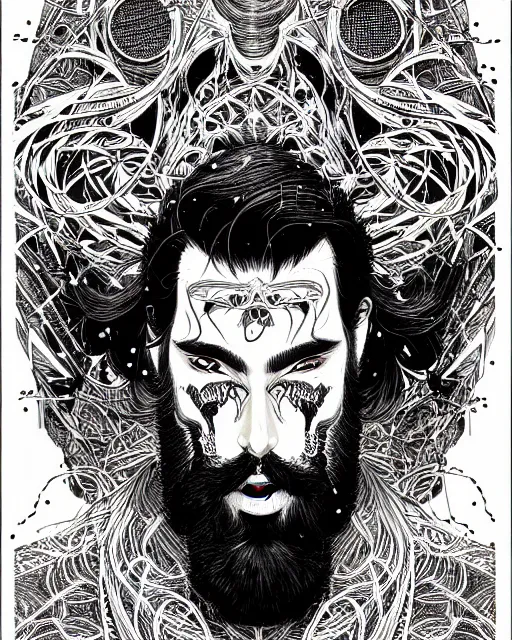 Prompt: hyper detailed illustration of a man with dark beard raving in a festival, intricate linework, lighting poster by moebius, ayami kojima, 9 0's anime, retro fantasy