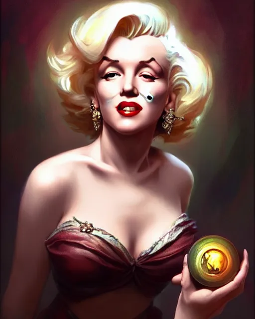 Prompt: Marilyn Monroe, D&D, fantasy, intricate, elegant, highly detailed, digital painting, artstation, concept art, matte, sharp focus, illustration, hearthstone, art by Artgerm and Greg Rutkowski and Alphonse Mucha