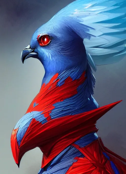 Image similar to portrait of aggressive pigeon humanoid, d & d, muscular! blue and red, fantasy, intricate, elegant, highly detailed, digital painting, artstation, concept art, smooth, sharp focus, illustration, art by artgerm and greg rutkowski and alphonse mucha