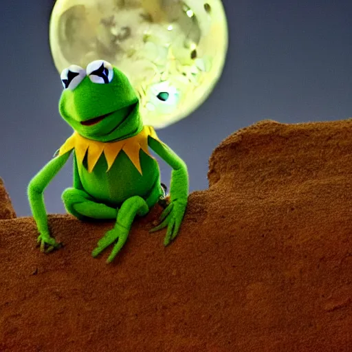 Image similar to kermit sad, full moon at night, photograph