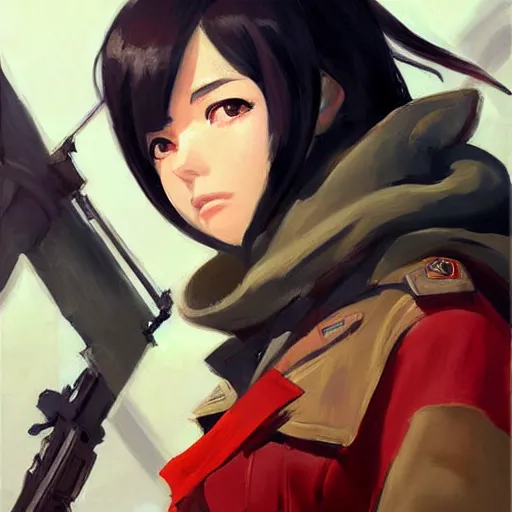 Image similar to greg manchess portrait painting of mikasa ackerman with red scarf in military uniform as overwatch character, design in overwatch style, medium shot, asymmetrical, profile picture, organic painting, sunny day, matte painting, bold shapes, hard edges, street art, trending on artstation, by huang guangjian and gil elvgren and sachin teng