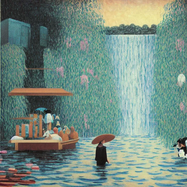 Image similar to painting of flood waters inside an apartment, zen, a tall catgirl art student, a river flooding inside, art supplies, pigs, ikebana, water, river, rapids, waterfall, black swans, canoe, pomegranate, berries dripping, acrylic on canvas, surrealist, by magritte and monet