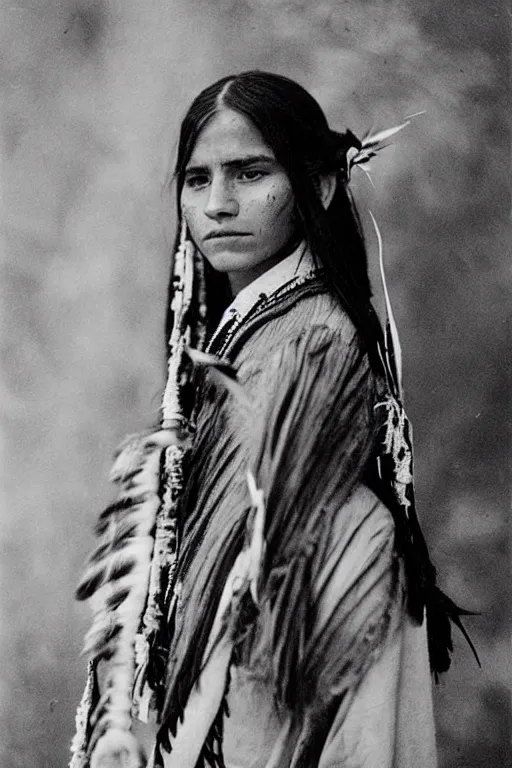 Image similar to “Photo of Native American indian woman Emma Watson, portrait, skilled warrior of the Chiricahua Apache, Lozen was the sister of Victorio a prominent Chief, showing pain and sadness on her face, ancient, realistic, detailed, emma watson”