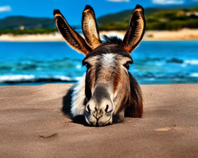 Prompt: realistic photo of a donkey sunbathing at the beach, 8k resolution