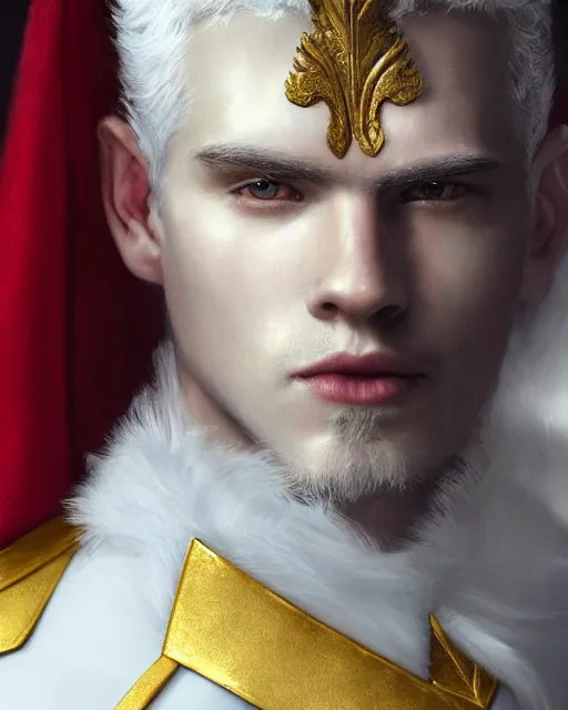 Prompt: a young adult masculine man with thin face lines and white hair, wearing a golden dark armor with a scarlet cape, emperor, great lighting lowkey award winning movie lighting, grandiose portrait, epic, noble, elegant, ethereal, magalie villeneuve, greg rutkowski, jeremy mann and claude monet, intricate, deep focus, renaissance digital painting, 4 k