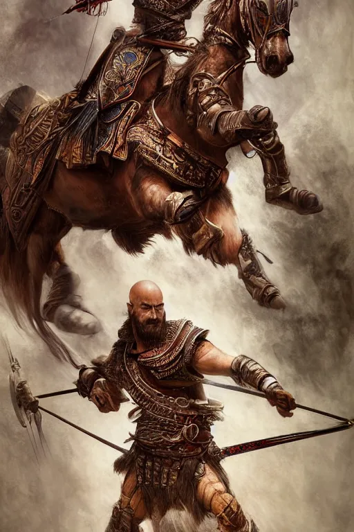 Image similar to burak ozcivit ultra realistic illustration, mongol horse archer warrior in style armor from 1 9 3 2, sci - fi, fantasy, intricate, elegant, highly detailed, digital painting, artstation, god of war, concept art, smooth, sharp focus, illustration, art by artgerm and greg rutkowski and alphonse mucha