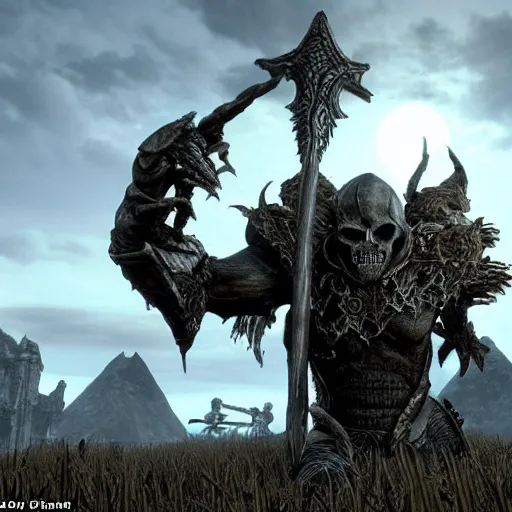 Prompt: A giant from skyrim fights an army of skeletons in an open field, with the kingdom in the background, detailed, elegant, intricate, conceptual, volumetric light,