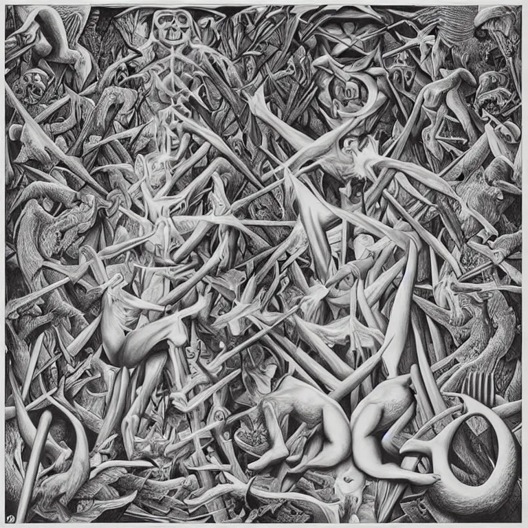 Image similar to meaning of death by Alex Grey and M. C. Escher collaboration