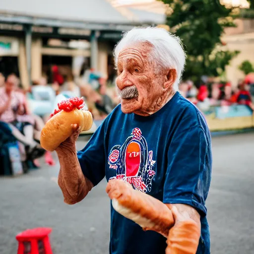 Image similar to portrait of a elderly man throwing a hotdog, 🌭, canon eos r 3, 8 0 mm f / 1. 2, iso 2 0 0, 1 / 1 6 0 s, 8 k, raw, unedited, symmetrical balance,