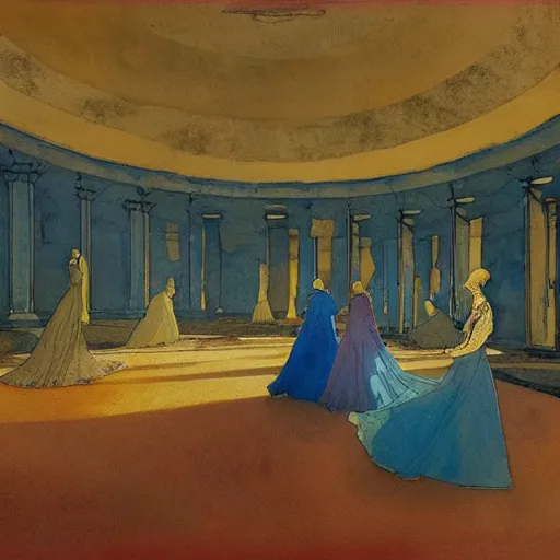 Image similar to procession of women in a blue and gold haunted liminal abandoned temple, watercolor by victo ngai, by hammershøi, art noveau, highly detailed, lights by edward hopper, liminal, eerie, bright pastel colors