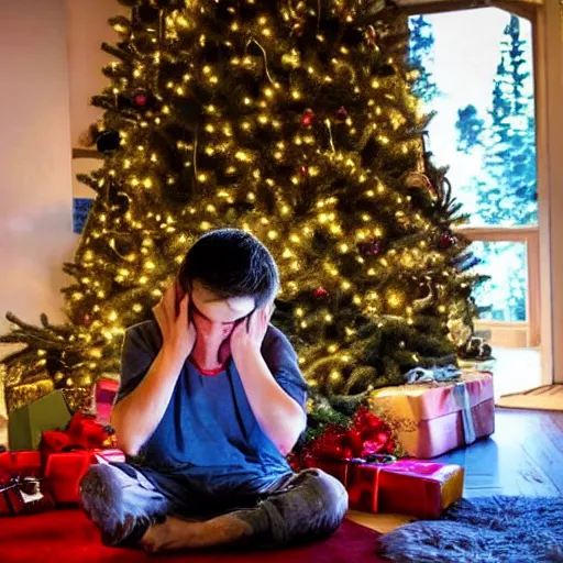 Image similar to a kid at christmas disappointed and sad that his present was a giant moai statue, his hands buried in his face, sitting down. | inside of a house next to a christmas tree, large present in the back