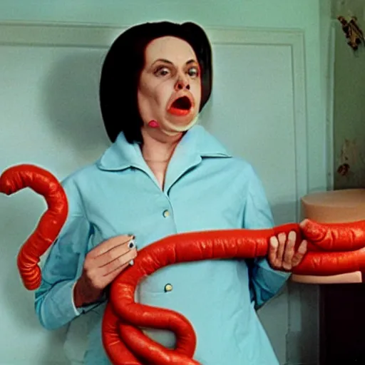 Image similar to A depressed woman and an inflatable intestine, John Waters film still, color 1970