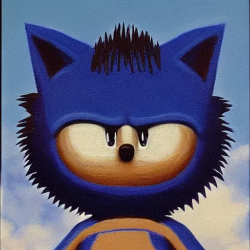 Image similar to sonic the hedgehog, painted by rene magritte, highly detailed