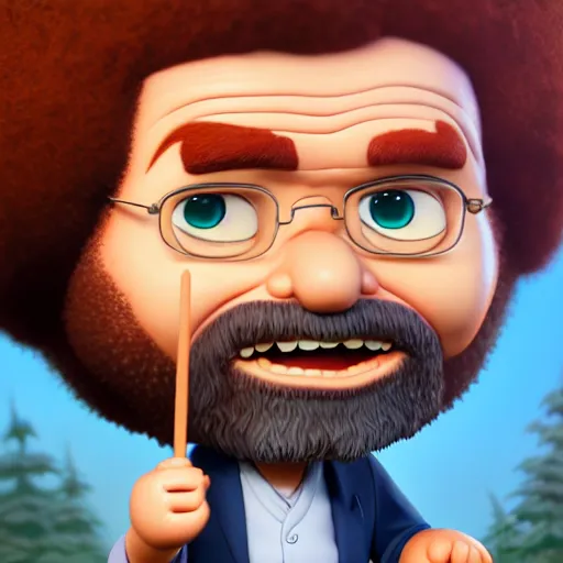 Image similar to an epic chibi comic book style portrait painting of bob ross, character design by mark ryden and pixar and hayao miyazaki, unreal 5, daz, hyperrealistic, octane render, cosplay, dynamic lighting, intricate detail, cinematic