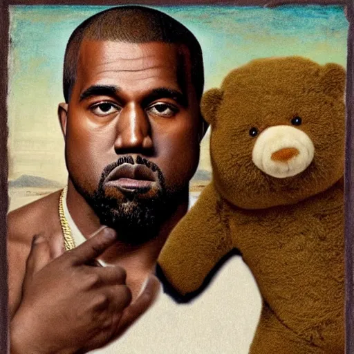 Prompt: A renaissance painting of Kanye West with a anthropomorphic Teddy Bear mascot, portrait, album cover,