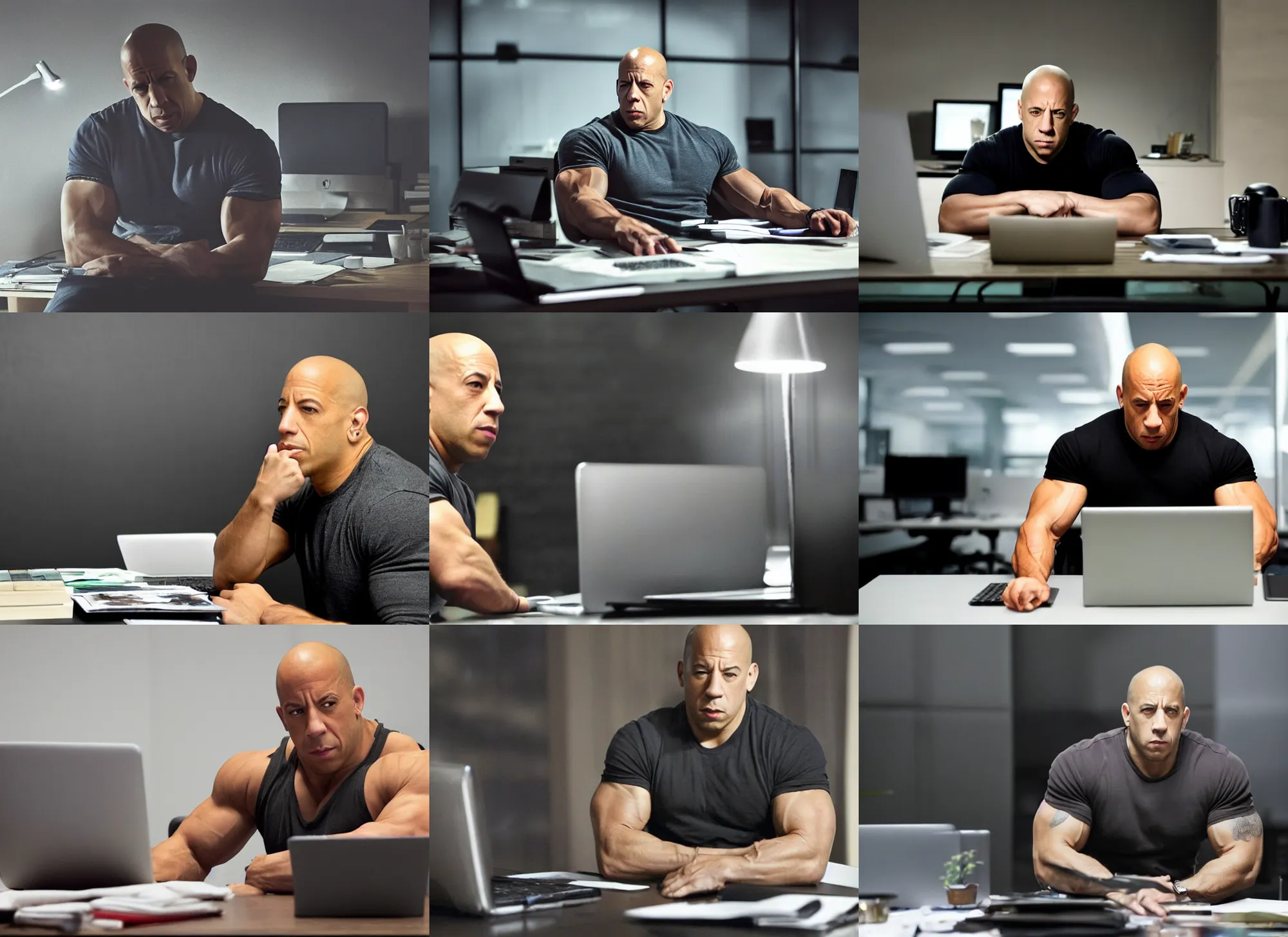 Prompt: unhappy vin diesel hulking over his laptop screen, sitting at his desk, dark hazy room, night time