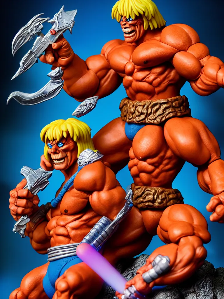 Image similar to hyperrealistic rendering, he - man by art of skinner and richard corben and jeff easley, product photography, action figure, sofubi, studio lighting, colored gels