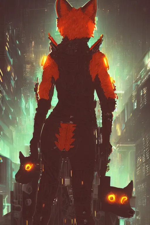 Image similar to an anthropomorphic cyberpunk fox, backlighting, trending on artstation, digital art, furry art, trending on furaffinity, fantasy art, by kawacy, view from behind