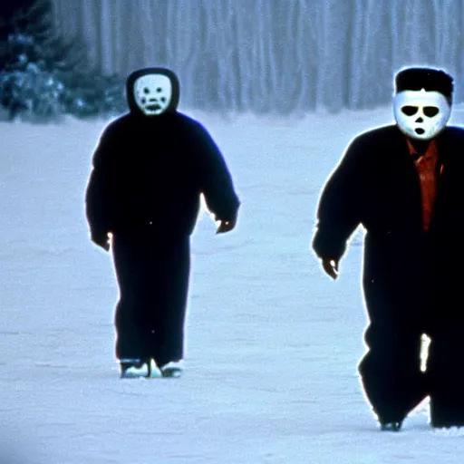 Image similar to movie still of Kim Jong-il wearing a white hockey mask in the role of Jason Voorhees from Friday the 13th, Cooke Varotal 20-100mm T3.1