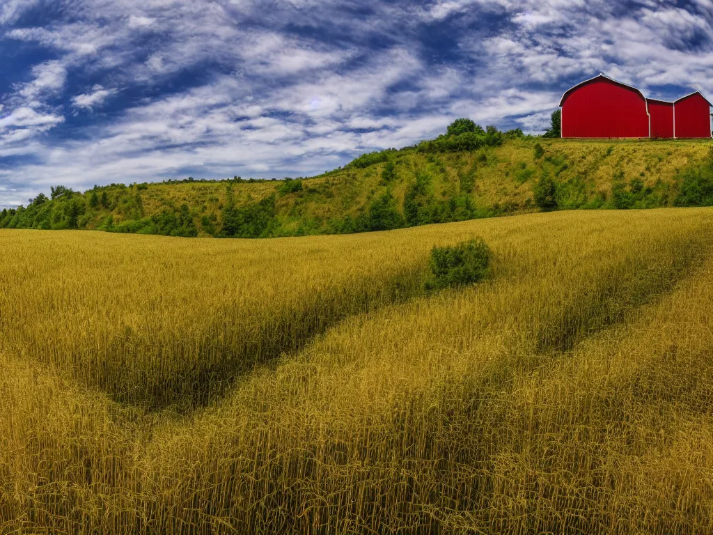 Image similar to Intricate detailed lush ravine with an isolated red barn next to a wheat crop at noon. Wide angle shot, surreal, Anato Finnstark.