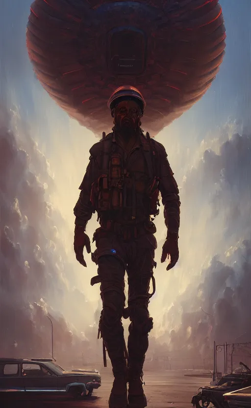 Image similar to cop of apocalypse from the disco elysium, concept art by aleksander rostov, oil painting, large strokes, artstation trending, symmetry, awesome exposition, very detailed, highly accurate, intricate, professional lighting diffracted lightrays, 8 k, sense of awe, gamers magazine cover