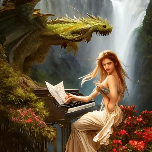 Image similar to fantasy maiden with dragon wings, sitting on top of a piano combined with waterfall, nature, realistic, cinematic lighting, highly detailed, digital painting, Artstation popular, illustration, art by Artgerm and Greg Rutkowski and Alphonse Mucha