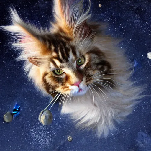 Image similar to Maine Coon cat in space. Photorealistic. 8k.