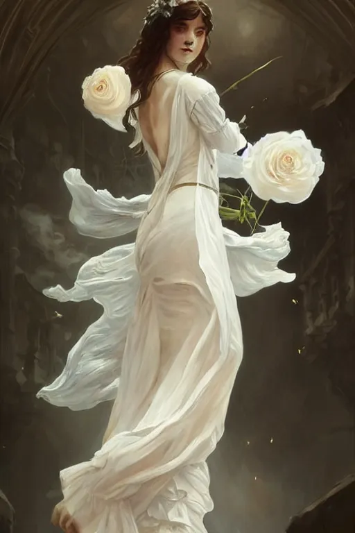 Image similar to woman dressed in a vaporous wrapped large victorian white roses silk semi-transparent dress fashion is running D&D, fantasy, intricate, elegant, highly detailed, digital painting, artstation, concept art, matte, sharp focus, illustration, art by Artgerm and Greg Rutkowski and Alphonse Mucha