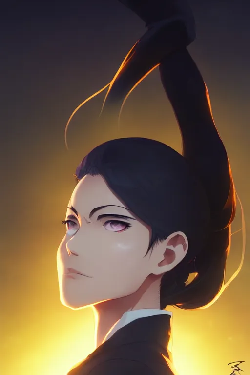 Image similar to black ponytail hair, pale woman in a black zipper jacket, yellow eyes, by artgerm, hair tied in a ponytail, black background, cinematic color grading, fighting pose, dynamic angle, by greg rutkowski makoto shinkai takashi takeuchi