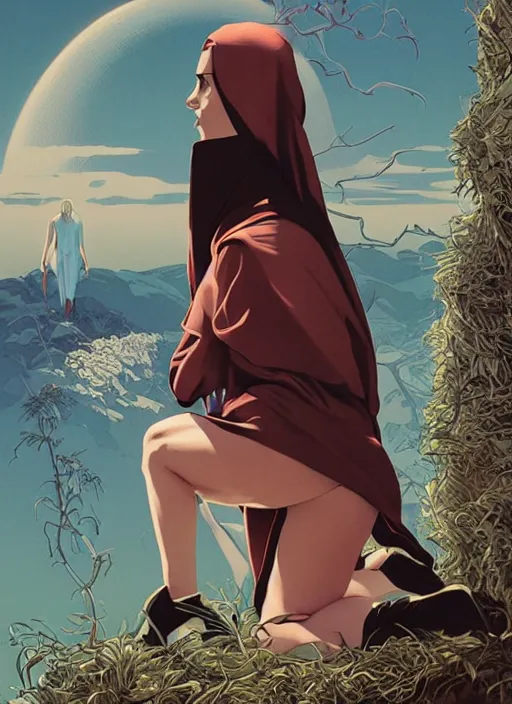 Image similar to poster artwork by Michael Whelan and Tomer Hanuka, Karol Bak of Emma Watson nun, on her knees, looking to the sky, from scene from Twin Peaks, clean