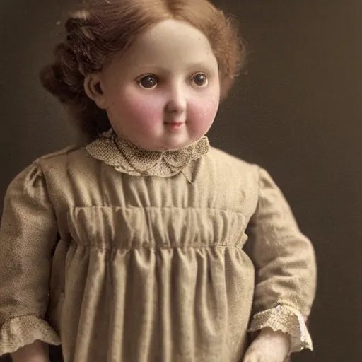 Image similar to close up portrait of a victorian child standing in a shop that sells dolls, 8 k, soft lighting, highly detailed realistic, face in focus 1 8 9 0's liminal