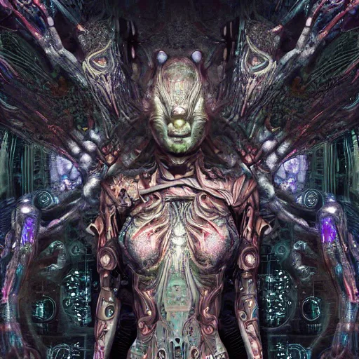 Prompt: cybernetic demon dreaming, lsd, circuitry, intricate detail, royo, whealan, giger, klimt, hd, octane render,