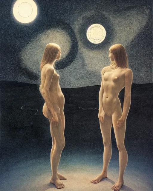 Image similar to gemini, in the void, by the mirror, station, alex colville, otto mueller, stephen conroy, sandro botticelli, andrew newell wyeth, daniel maidman octane rendering