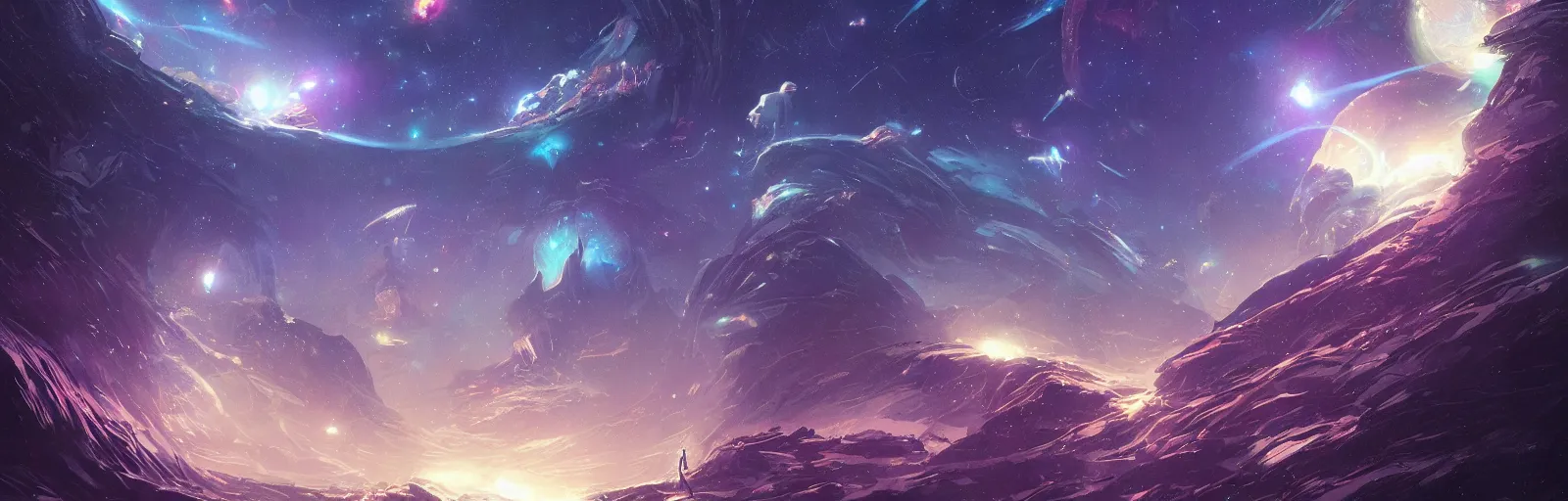 Image similar to concept art of an alien outer space galaxy, open expanse, stars, meteorites, floating debris, beautiful, fantasy, colorful, cinematic lighting, artstation, trending, highly detailed, focus, smooth, by studio ghibli, rossdraws, hirohiko araki, conrad roset, yoshitaka amano