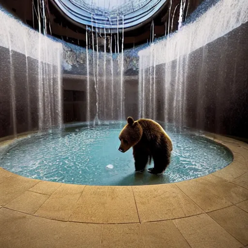 Prompt: a bear in a fountain in an empty mall, high resolution photograph, paul nicklen, atmospheric lighting