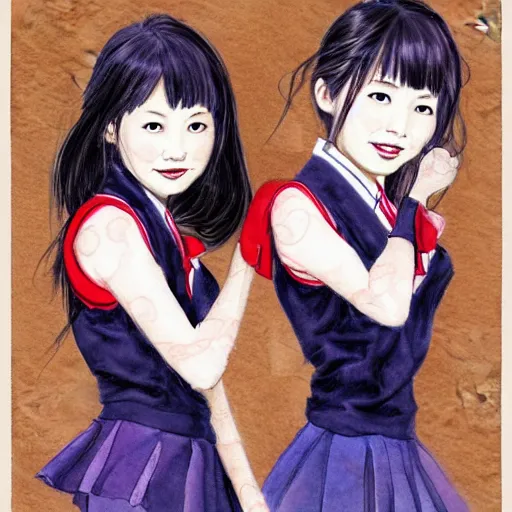 Prompt: a perfect, realistic professional digital sketch of two Japanese schoolgirls posing, in style of Marvel and DC, full length, by pen and watercolor, by a professional American senior artist on ArtStation, a high-quality hollywood-style sketch, on high-quality paper
