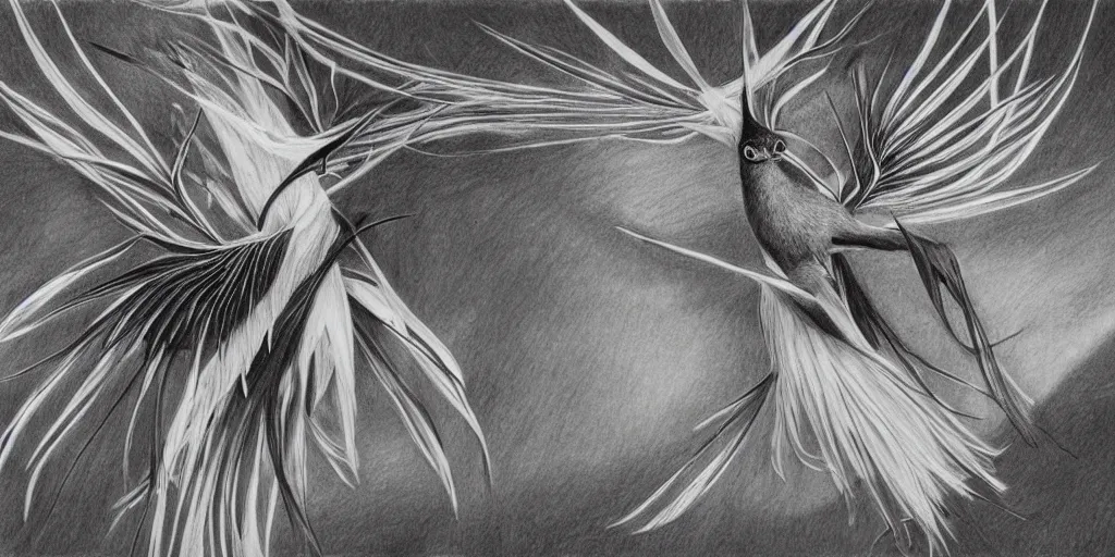 Prompt: pencil drawing of fantastical bird of paradise with beautiful eyes, black and white, illustration, extremely detailed, biology drawing, 4k